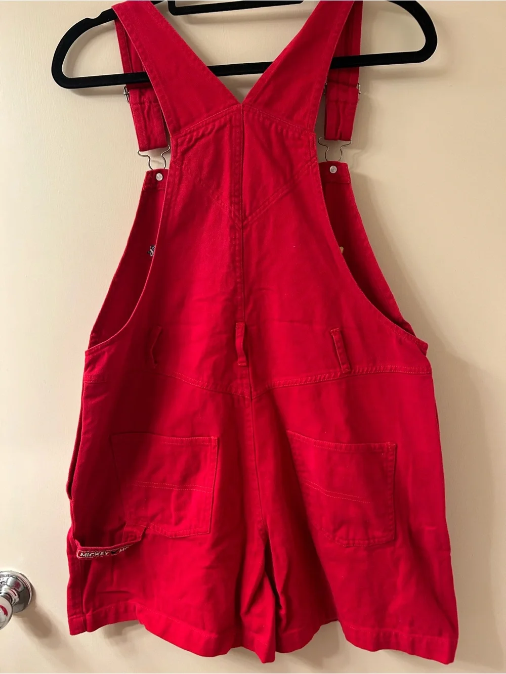 Vintage Disney Mickey Mouse Red Denim Embroidered Shortalls Overalls Wmn’s Sz L